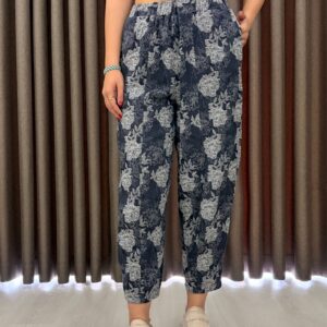 Lacivert Floral Desenli Rahat Kesim Pantolon